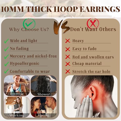 Senteria 12mm Wide Thick Sterling Silver Hoop Earrings Hypoallergenic | 14K Real Gold Plated Hoops Large Earring Lightweight Chunky Hoops Earring for Women Gift for Birthday Christmas 25/30/40/50MM - color: silver 10-30mm