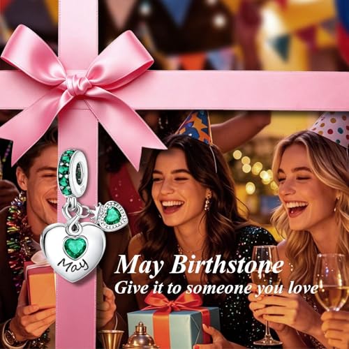 BLUELUNE Birthstone Charms, 925 Sterling Silver Dangle Charm with 5A Cubic Zirconia for Bracelets or Necklaces, Birthday, Mother's Day Present for Women - color: May