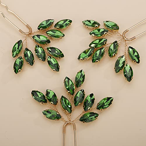 Teyglen 3pcs Bridal Crystal Hair Pins Rhinestones Hair Pieces Simple Crystal Wedding Hair Accessories Handmade Hair Pins for Women Bride Girls (Green-gold) - color: Green-gold