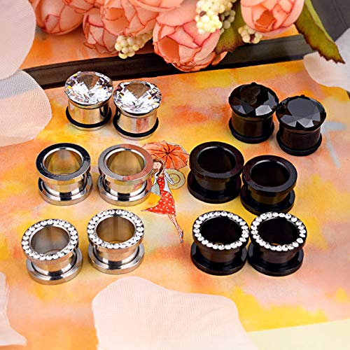 Longbeauty 12pcs Gorgeous Cubic Zirconia Tunnels 316L Stainless Steel Ear Gauges Earring Plugs for Ears Screw Fit Body Piercing Jewelry 4g-3/4 - color: Gauge=8g(3mm)