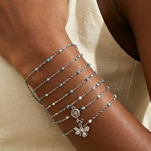 6 PCS Enamel Beaded Chains Bracelet Stainless Steel Link Bracelets | 6.7"+1.18", With Extender Chain, Fashion Jewelry Set, Gift For Women, Colorful, No Fade - color: Light Blue White Silver