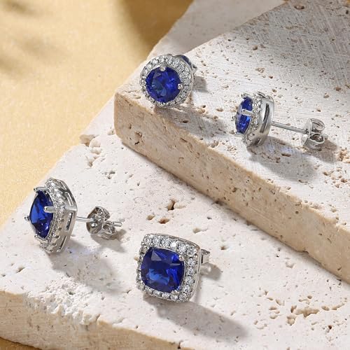 18K Gold Plated Halo Stud Earrings 925 Sterling Silver Cubic Zirconia Stud Earrings Round Square Diamonique Stud Earrings Set for Women Men - color: Silver&Blue