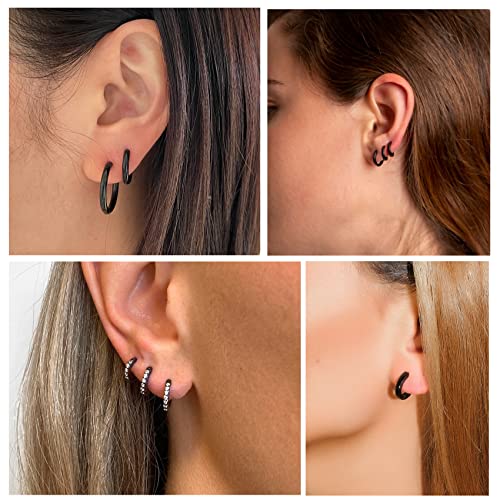 PABBEU 925 Sterling Silver Small Hoop Earrings Set for Women Hypoallergenic | 3Pairs Cubic Zirconia Small Huggie Hoop Earrings Set 13/15/20mm,Nickel-Free Lightweight Comfortable Sleeper Earrings Gift Set - color: 13/15/20mm HMT Black
