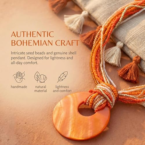Coiris Multi Strand Statement Colorful Beaded Necklace with Big Circle Shell Pendant for Women - color: Orange