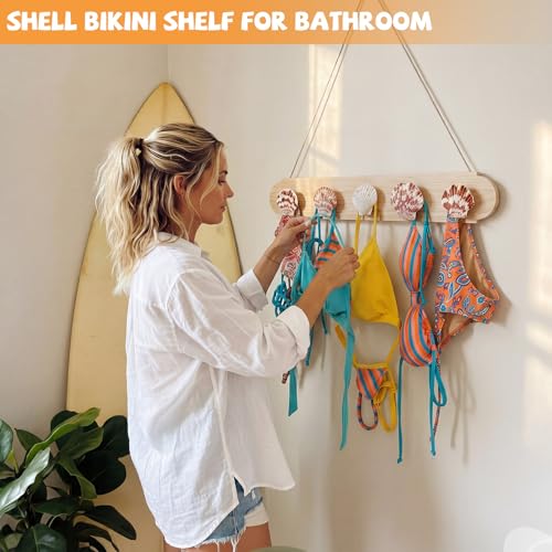 Novabright 16 Inch Bikini Hanger for Wall Seashell Bikini Rack Wall Mounted Swimsuit Organizer with Seashell Accents Coastal Swimwear Storage Rack for Beach Bathrooms Closets Vacation Homes - style: Minimalist Coastal