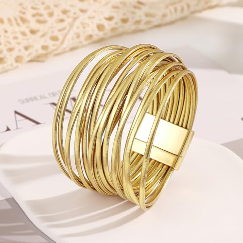 Edoneery Leather Wrap Bracelets for Women, Boho Layered Cuff Bangle | Gold circle, Multi-layer Leather Cuff, Daily wear, Stackable Bangle, Easy on-off, Western Jewelry Gifts for Women - color: Gold-6