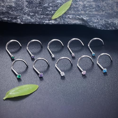 ASTM F136 Titanium Nose Rings 18G 20G 22G Jeweled Mix Color CZ Nose Studs Ring Screw L-Shaped Bone Hypoallergenic Nostril Body Piercing Jewelry for Women 1.5mm 2mm 2.5mm 3mm 10PCS - style: Screw:18G(1.0mm)-1.5mm CZ