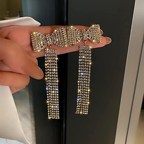 Long Fashion Bow Tassel Earrings Full Diamond Earrings Rhinestone Long Tassels Dangle Earrings for Women Girls - color: Gold