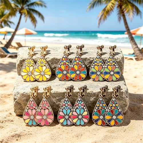 6 Pairs Bohemian Copper Crystal Teardrop Clip On Earrings for Women Handmade Colorful Enamel Floral Dangle Drop Earrings Retro Tribal Style Geometric Design Jewelry Gifts - color: Gold