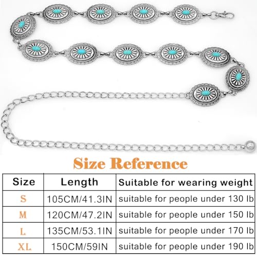 Women's Concho Chain Belt Western Cowgirl Metal Waist Chain | Belt for Dress - color: B Silver, size: L: 53.1 in