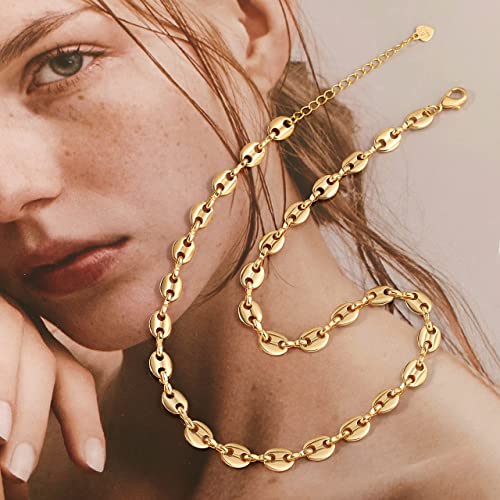 Aobei Pearl 18K Gold Plated Paperclip Chain Choker Satellite Chain Freshwater Cultured Biwa Pearl Pendant Necklace Dainty Turquoise Jewelry for Women - color: Pig Nose Chain