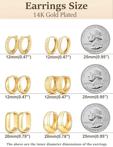 6 Pairs Gold Hoop Earrings Set for Women, 14K Gold Plated Lightweight Chunky Twisted Huggie Hoops, Hypoallergenic Small Thick Hoop Multipack Jewelry Gift - color: Hammered Gold