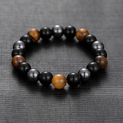 Mens Bead Bracelet Set - Adjustable Elastic Rope With 6&8MM Natural Stone Multi-Colored Beads - Tiger Eye Bracelets for Men - Gift - style: 3,tiger eye,black bracelets set