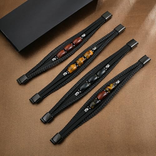 Mens Tiger Eye Leather Bracelet, Natural Tiger Eye Stone Multi-Layer Braided Cuff Bracelets for Men, Stainless Steel with Buckle Memorial Bangle Gifts for Him - color: Black4