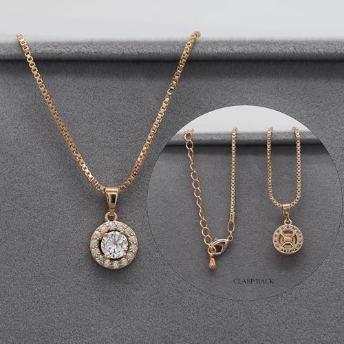 Bridesmaid Bride Wedding Jewelry Set - Round Cubic Zirconia | Earrings Necklace Bracelet Set, Hypoallergenic Prom Party Jewelry Gift for Her - color: Rose Gold