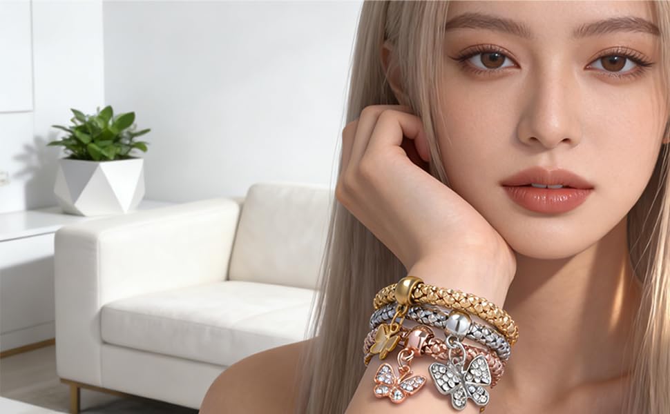 Alegend 14K Gold Plated Stackable Multilayer Bracelets + Titanium Steel(Not Rust, Resist Corruption, Easily Clean) 18K Gold Plated Single Bracelets - color: 14K Gold Crystal Butterfly Diamond-Inlaid