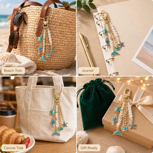 XUHAO7 781Pcs DIY Keychain Making Kit Beach Crafts Set | Seashell Starfish Pearl Letter Beads with Tools & 5 Velvet Pouches, DIY Bag Charm Kit for Women Girl - size: Ocean
