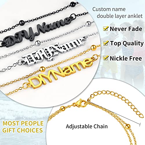 ChainsHouse Double Layer Anklet Bracelet for Women,Adjustable Chain Anklets Stackable Dainty Anklets,Stainless Steel/Gold Plated/Black Ankle Jewelry Gifts - color: B-Gold Plated-Bead Chain