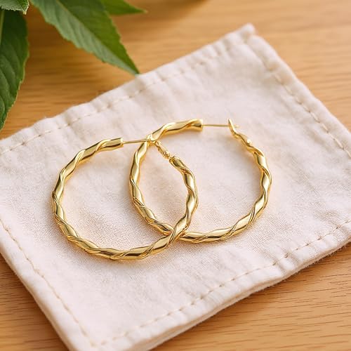 14k Gold Plated Hoop Earrings for Women, 925 Sterling Silver Posts Thick Twist Hypoallergenic Chunky Large Earrings 20mm 30mm 40mm 50mm - color: Yellow Gold, size: 50mm