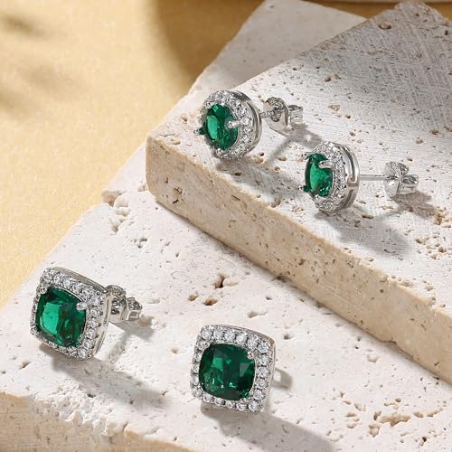 18K Gold Plated Halo Stud Earrings 925 Sterling Silver Cubic Zirconia Stud Earrings Round Square Diamonique Stud Earrings Set for Women Men - color: Silver&Green