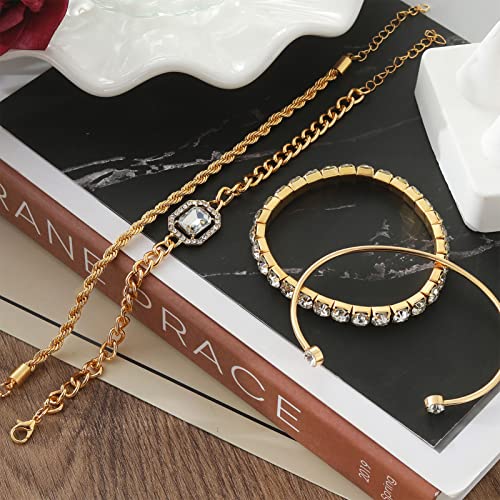4 Pcs Dainty Gold Silver Bracelets Set for Women 14K Plated Link Cubic Zirconia Paperclip Stake Layering Chain Adjustable Trendy Hand Jewelry - color: Golden
