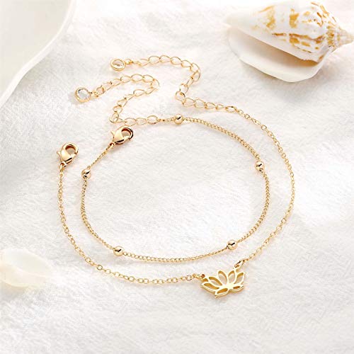 Dainty Gold Bracelets for Women, 14K Gold Plated Adjustable Layered Beads Bracelet Cute Evil Eye Oval Chain Pearl Bar Turtle Gold Bracelets for Women Jewelry - style: Lotus&Beads Chain