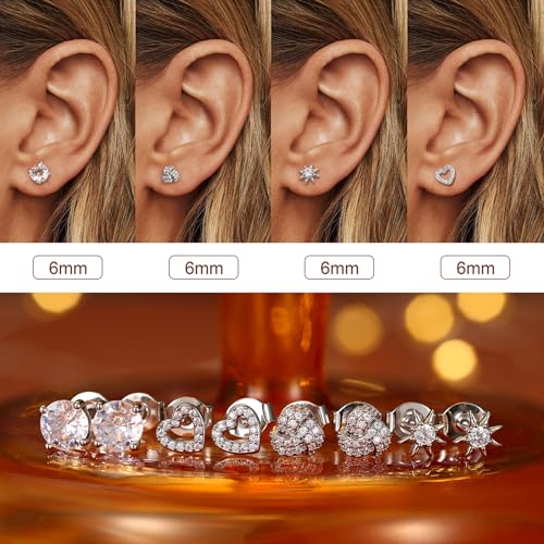 SAILIMUE Hypoallergenic Sterling Silver Stud Earrings for Women Men | Brilliant Heart Knot Round Cubic Zirconia Earring Studs for Sensitive Ears Gold Silver Tone - color: silver-C