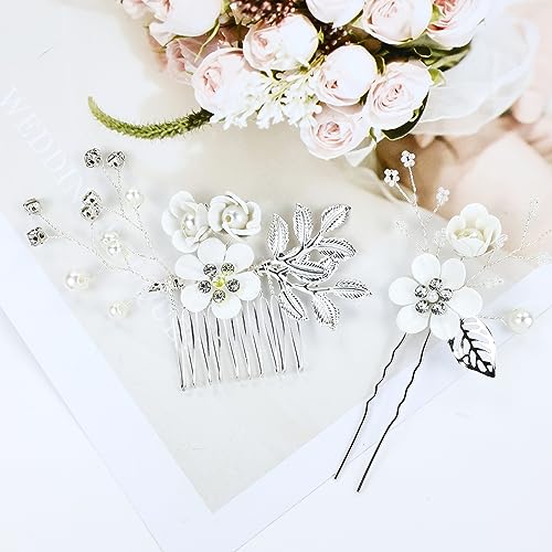 Cinaci 18 Pieces Bridal Wedding Party Prom Pearl Rhinestone White Flower Hair Side Combs Slides+U-shaped Flower Hair Pins+Twist Spiral Hairpins Floral Headpieces for Brides Bridesmaids Women Girls - color: White