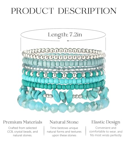 Noessla Boho Beaded Bracelets for Women Stackable Irregular Natural Stone Bead Stretch Bracelet Set 8PCS Costume Jewelry Gifts for Her - color: Turquoise