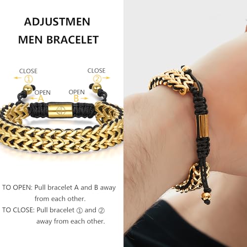 18K Gold-Plated Bracelets for Men Franco Link Chain Adjustable | Stainless Steel Bracelet, Gold Beads Bracelet, Handcrafted Braided, Mens Jewelry Birthday Gift for Men - color: Metallic Gold