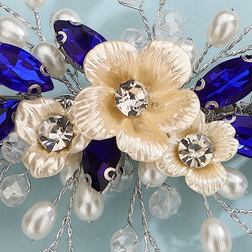 Xerling Royal Blue Rhinestones Crystal Flower Hair Barrettes Clip Boho Bridal Pearl Hair Jewelry Accessories for Women Wedding Floral Headpieces (Blue) - color: Blue