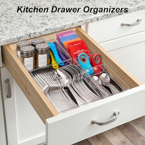 SMARTAKE 7 PCS Drawer Organizer, 4-Size Desk Drawer Organizer Trays | Storage Tray with Non-Slip Silicone Pads for Makeup, Jewelries, Utensils in Bedroom Dresser, Office and Kitchen (Clear) - style: 7 PCS