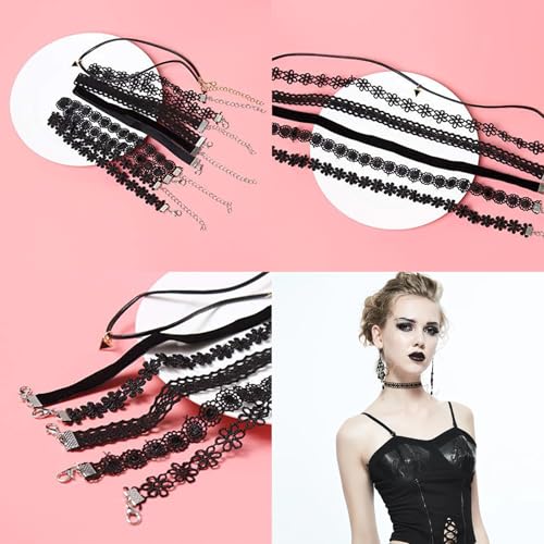 AUOCATTAIL 6 Pcs Gothic Necklaces Flower Lace Choker Classic Flower Collarbone Necklace Adjustable For Women Party Cosplay