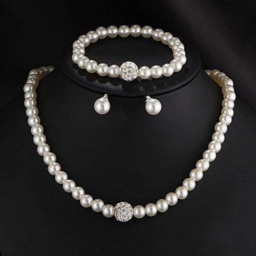 tenghong2021 Fashion Classic Faux Pearl Jewelry Set Necklace Bracelet Earrings for Women Best Gift - color: Beige CZ