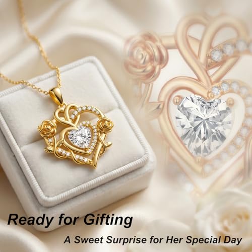 KQ&TTENG Heart Necklaces for Women 14K Gold Plating Hearts Necklace CZ Romantic Rose Pendant Mothers Day Anniversary Birthday Gift for Wife Mom Her - style: 14-Double Rose Heart Necklace