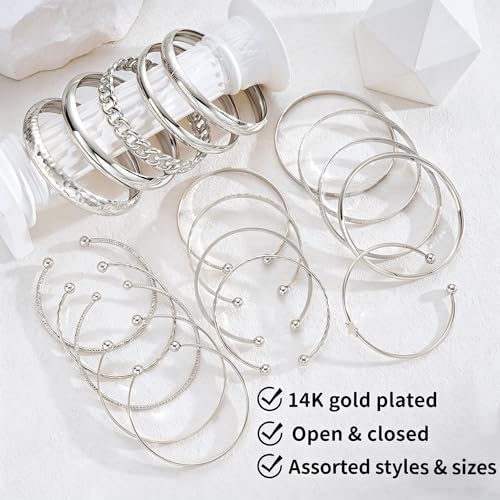 ÌF ME Gold Bangle Bracelets for Women, 19Pcs Multi Stackable Textured Bangles Set, 14K Gold Plated Chunky Bracelet Boho Jewelry Gifts - color: Silver