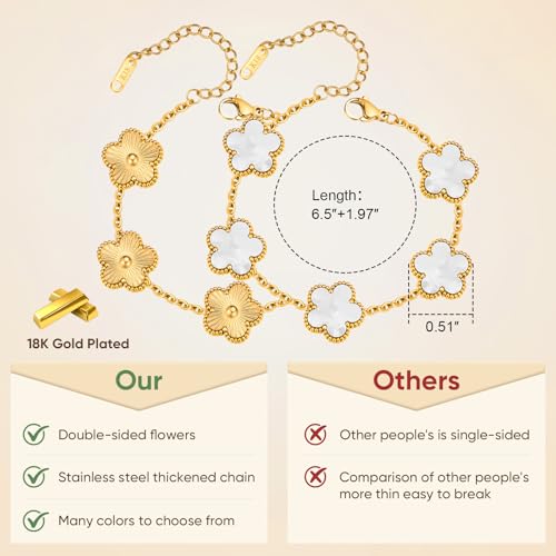 Women Gold Bracelets Jewelry Set - 3Pcs 18K Gold Plated Floral Bracelet,Stainless Steel Charm Bracelet Non-Tarnish,Adjustable Lucky Chain Trendy Gift,Christmas Valentines Birthday Gifts for Girlfriend - style: White&Gold
