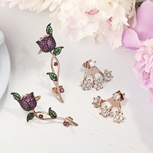3D Wire Reddish Pink Cubic Zirconia Micro Pave Flower Red Rose Flower Helix Ear Pin Climber Crawler Cartilage Lobe Earrings For Women Teen Rose Gold Plated Brass