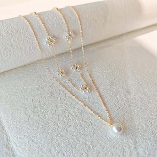 OGD Gold Pearl Necklace Set for Women 14K Plated Layered Daisy Choker Gift - color: Gold Daisy Pearl-2PCS