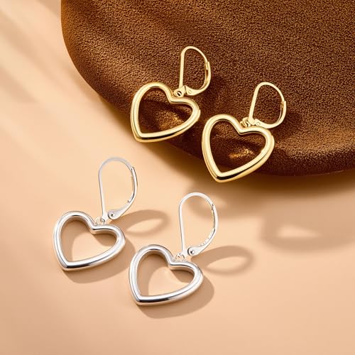 14K Gold Plated 925 Sterling Silver Openwork Love Heart Dangle Earrings, Leverback Huggie Hoop Hypoallergenic Trendy Earrings for Women - color: 925 Silver-B