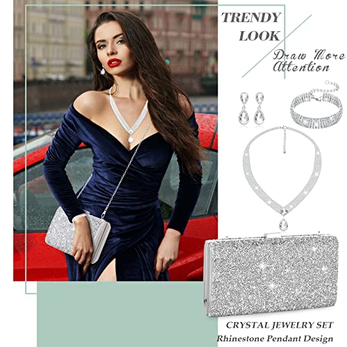 Mixweer 4 Pieces Clutch Purses Bag for Women Evening Rhinestone Jewelry Set Bling Necklace Earrings Bracelets Set for Wedding - style: Fresh Style