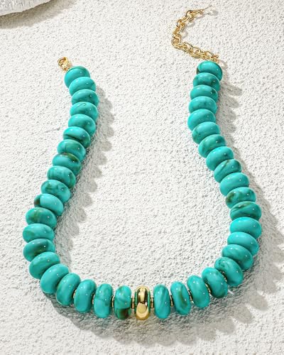Chunky Beaded Necklace for Women Boho Statement Bead Necklace Adjustable Choker with Polished Disc/Square Beads Trendy Summer Beach Jewelry Gifts - color: Turq