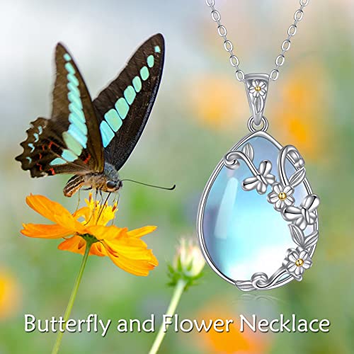YAFEINI 925 Sterling Silver Moonstone Necklace Filigree Teardrop Pendant Necklace Jewelry for Women Girls - color: C-Daisy Butterfly Moonstone
