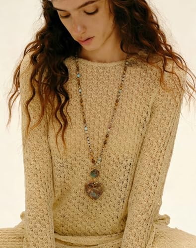 Yomisa Long Necklaces for Women Trendy, 33/34/35 inch | Boho Beaded Necklaces for Women, Natural Stone Pendant, Handmade Knotted Bead, Bohemian Holiday Summer Western Charm Jewelry - color: Love-Beige