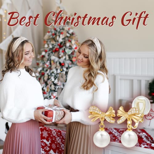 YOQUCOL Golden Bow Clip On Stub,Danle Drop Earrings for Women Simulated Pearl Christmas Xmas Bowknot Non Pierced Earrings - color: Dangle Clip-04