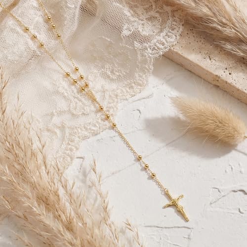 14K Gold Plated Layered Lariat Necklace for Women - Waterproof Non-Tarnish Dainty Gold Chain Necklace, Long Boho Statement Jewelry for Wedding, Prom, Summer Vacation Gifts - color: Cross Y Necklace-Gold