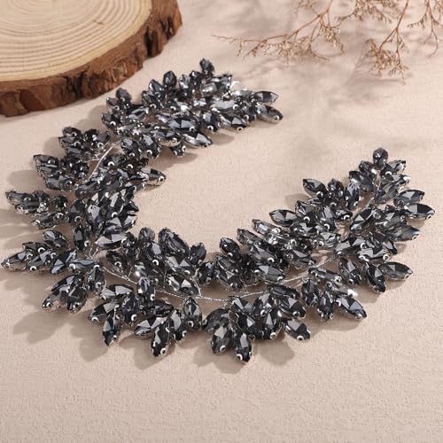 Missgrace Women Silver Green Black Red Blue Handmade Full Crystal Rhinestone Large Headband Hair Vine Shinny Headpiece Bridal Wedding Hair Accessories for Women (Grey) - color: Grey