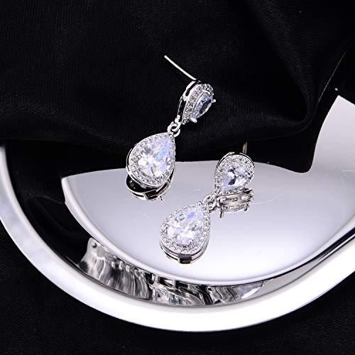 Pave Teardrop Earrings for Wedding Sterling Silver Double Pear Shaped CZ Cubic Zirconia Crystal Rhinestone Birthstone Dangle Earrings Bridal Jewelry for Bride Bridesmaids - color: Noble Silver