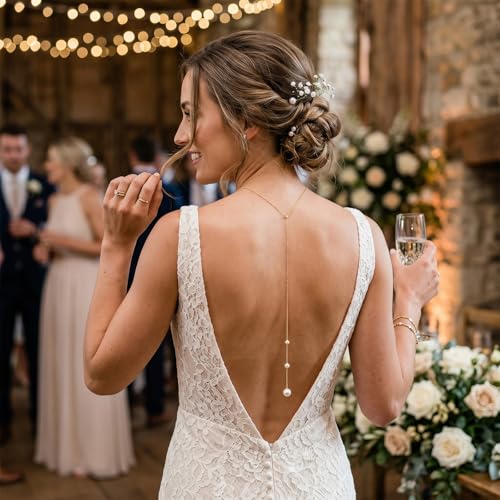 Back Necklace with Rhinestone Pearl Pendant Back Body Chain for Backless Dress Bridal Wedding Backdrop Necklace Crystal Simple Waist Body Jewelry for Women - color: A5:Pearl back necklace