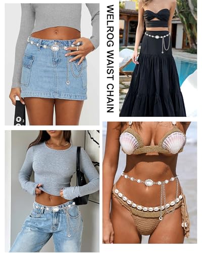 WELROG Metal Waist Chain Belt for Women - Pearls Gold Silver Chain Belts for Dresses Jeans - color: Round Rhinestone(Sliver)